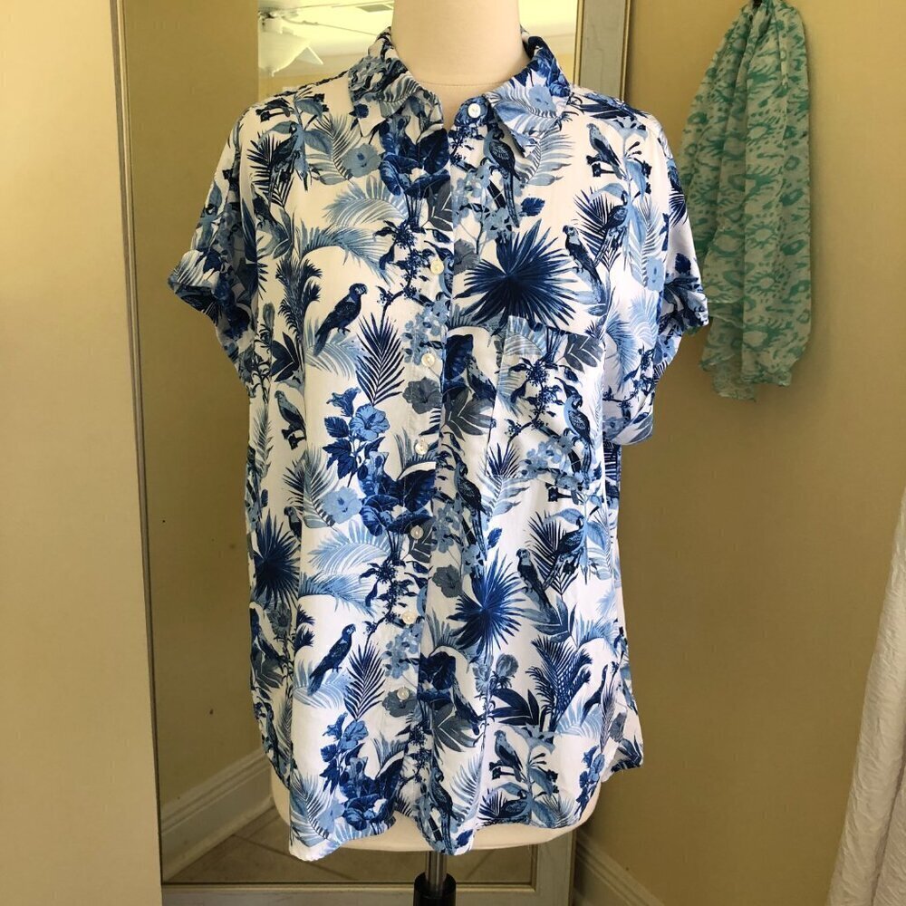 Jane + Delancey Blue Tropical Print Button Up Shirt Blouse Top Large - Picture 3 of 6